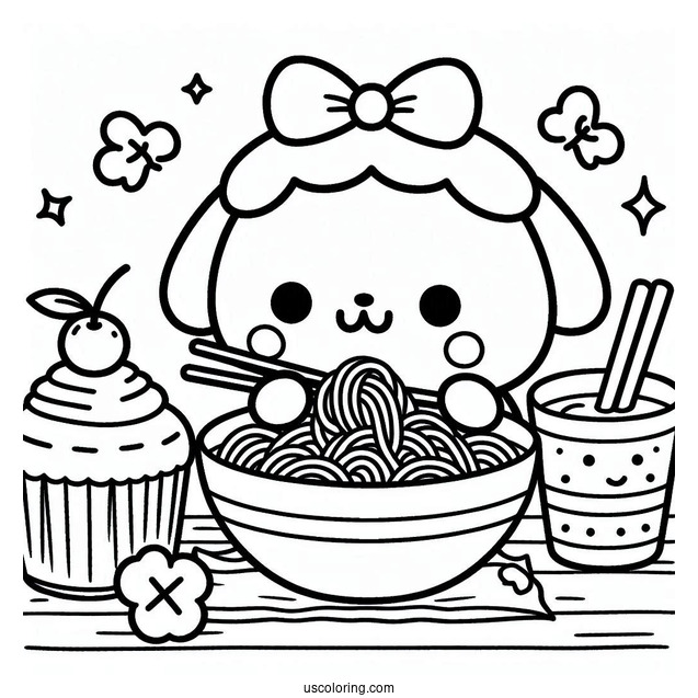 Pompompurin Eating Noodles With Muffin