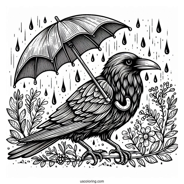 Raven Coloring Page Holding An Umbrella In The Rain