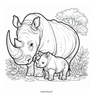 Coloring Page Of New Born Rhino And Mother