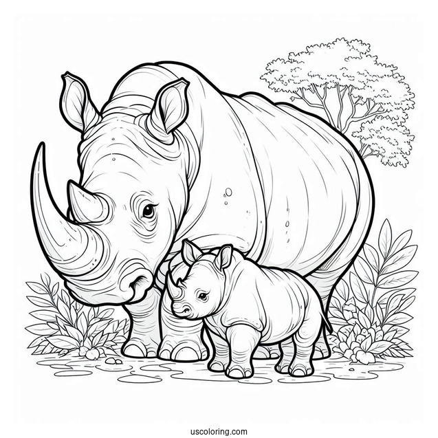 Coloring Page Of New Born Rhino And Mother