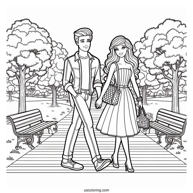Barbie And Ken Walking In Park To Color