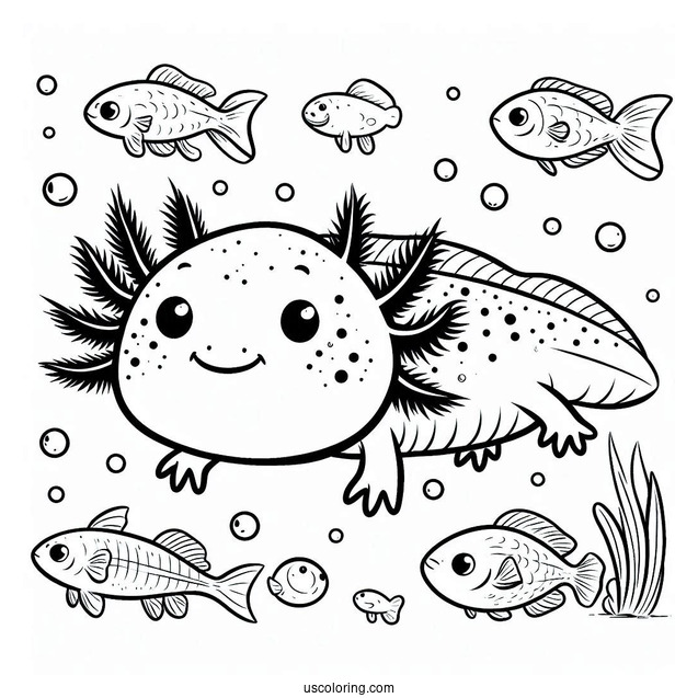 Cheerful Axolotl Coloring Page Swimming With Fishes