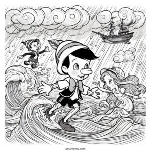 Pinocchio Coloring Page With Jiminiy, Figaro, And Cleo In Stormy Seas