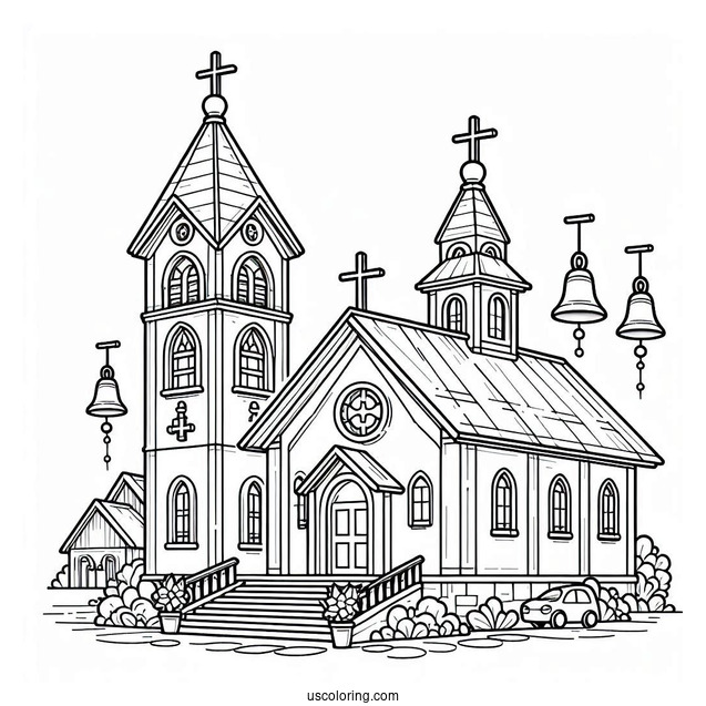 Simple Church Coloring Page With Crosses And Bells For Kids