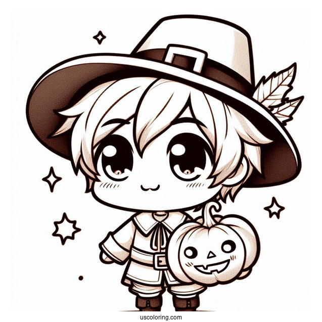 Kawaii Chibi Boy Pilgrim Coloring Page Holding A Pumpkin For Kids