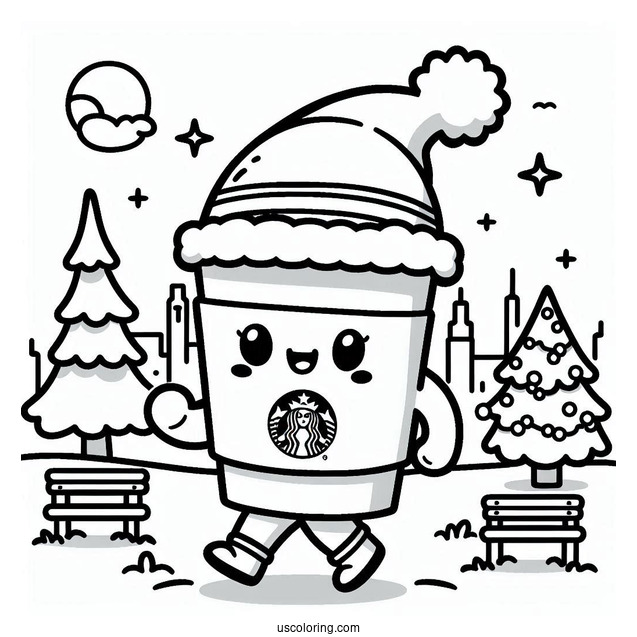 Cartoon Starbucks Coloring Page Cup Strolling In The Park With A Santa Hat