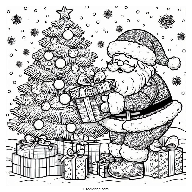 Santa Putting Gifts Under The Tree While Snowing