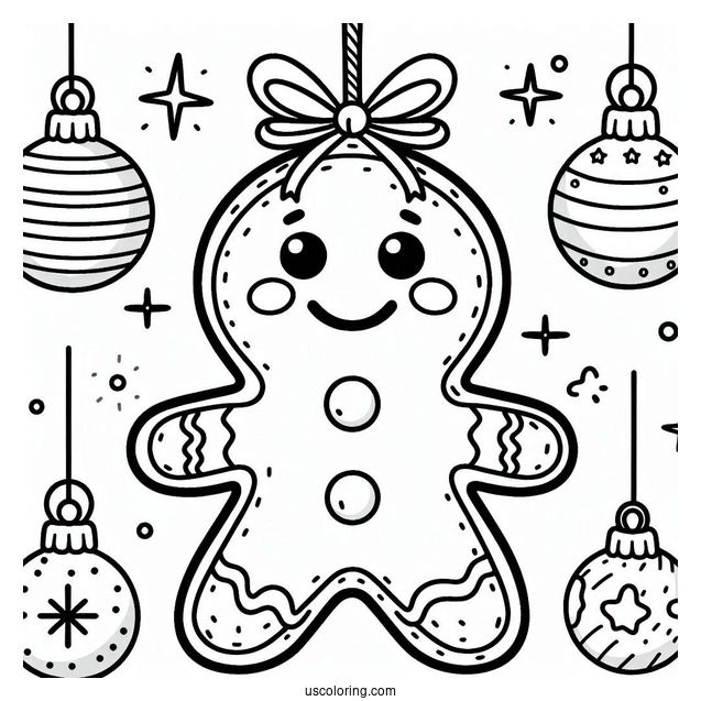 Smiling Gingerbread Man Christmas Ornaments Coloring Page