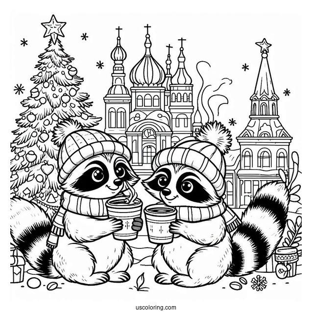 Christmas Coloring Pages For Adults Of Cartoon Racoons Sharing Hot Beverage In Front Of Christmas Tree And Cathedral