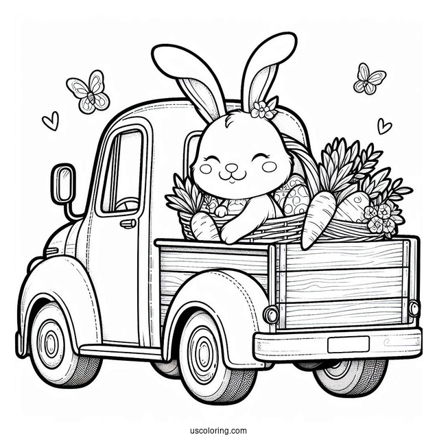 Easter Bunny Coloring Page At The Back Of Pick Up Truck With Carrots