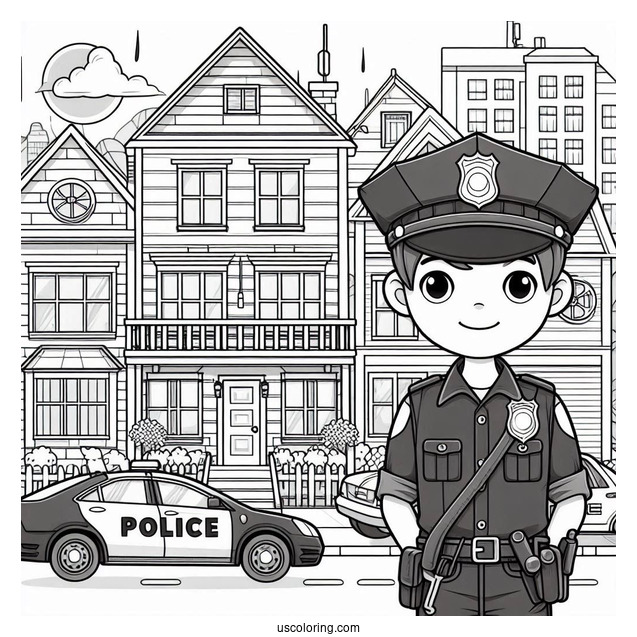 Police Officer In Front Of Police Station To Color