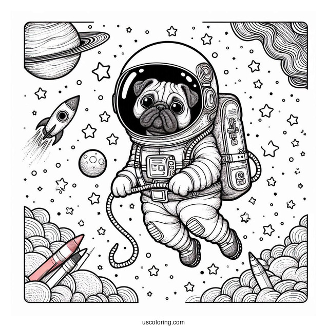 Astronaut Pug Coloring Page Floating in Outer Space