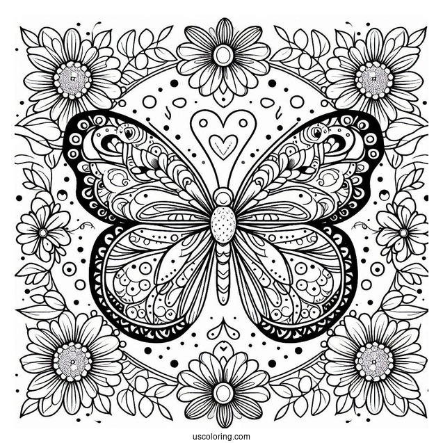 Grand Butterfly Coloring Page Mandala Surrounded By Flowers