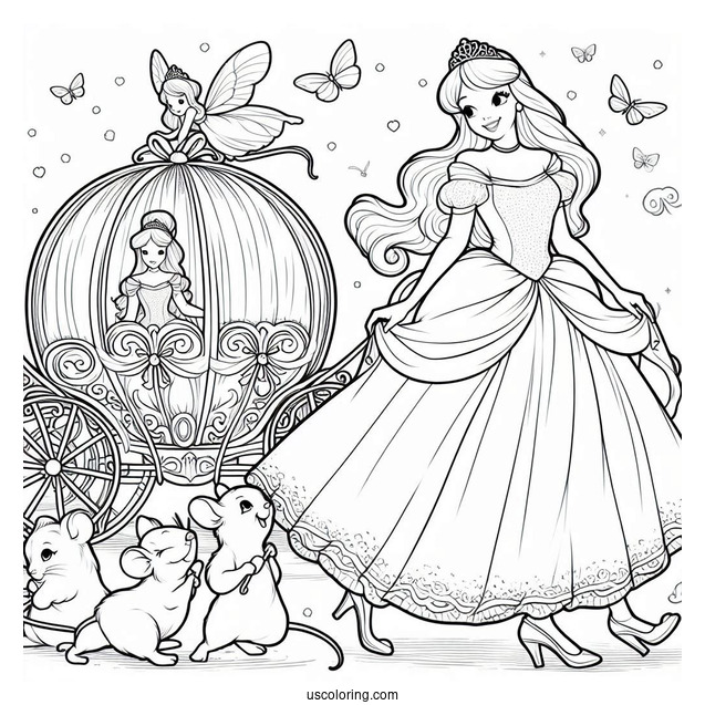 Cinderella With Mice, Fairy And Carriage To Color For Kids