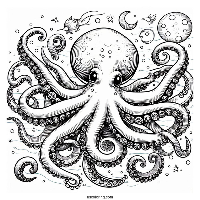 Blue Ring Octopus Coloring Page With Detailed Tentacles In Nautical Background