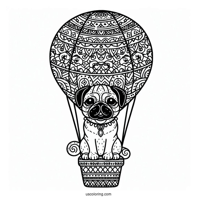 Pug Coloring Page in Patterned Hot Air Balloon for Kids