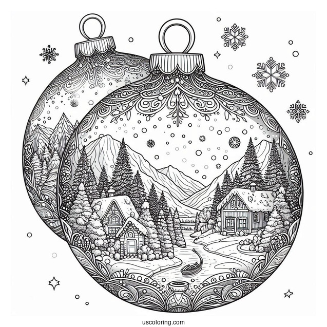 Detailed Winter Landscape Inside Bauble Christmas Ornaments Coloring Page