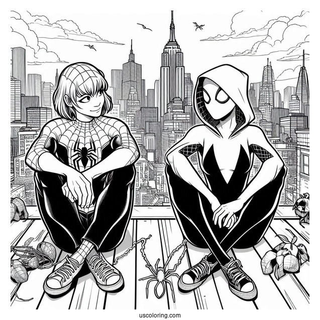 Miles Morales And Spider-Gwen Coloring Page Sitting Together On A Rooftop