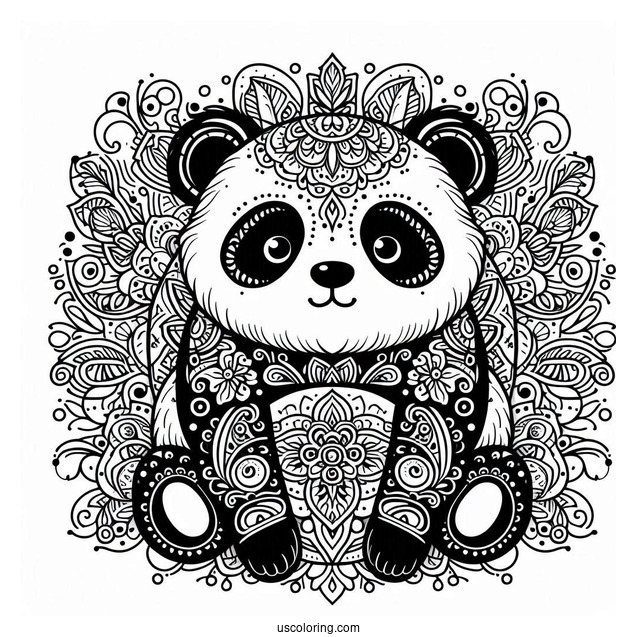 Ornamental Panda Coloring Page with Floral Swirls and Mandala Belly Design