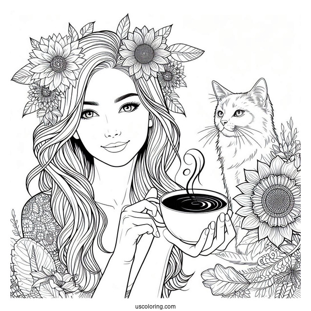 Woman Holding Cup Of Coffee Coloring Pages And Cat