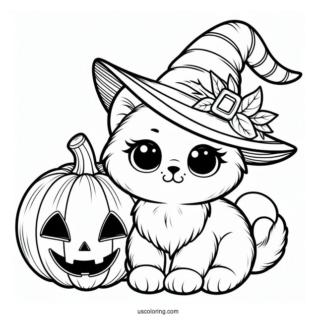 Cat Pumpkin Coloring Page Wearing A Witch Hat