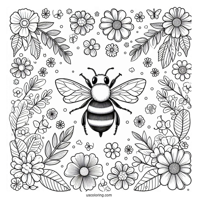 Top View of Bee Coloring Page Surrounded By Flowers