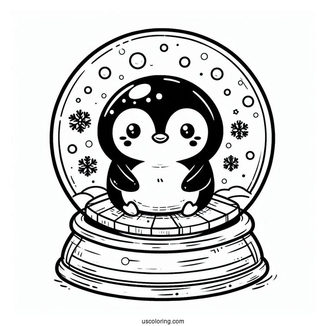 Kawaii Penguin Inside A Snow Globe Coloring Page For Preschoolers