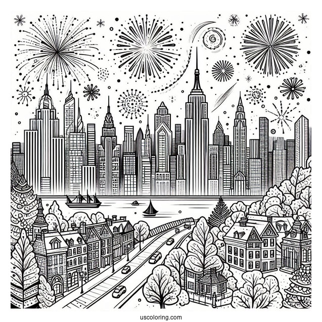 New Year Coloring Page Of Fireworks Over The City