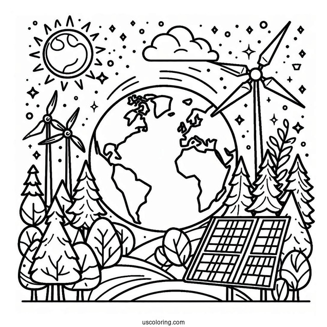 Earth Surrounded By Trees, Windmills, And Solar Panels