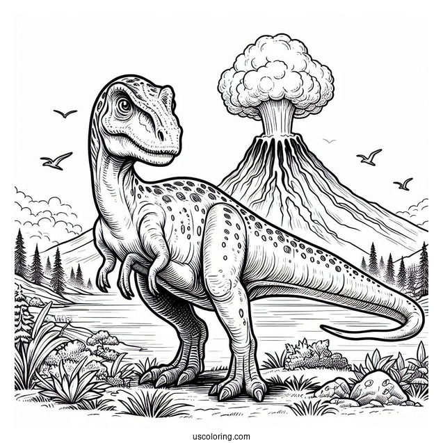 Parasaurolophus Dinosaur With Volcano In The Background