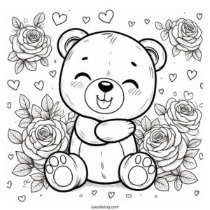 Smiling Critters Coloring Page BearHug With Rose Background