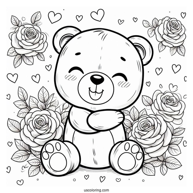 Smiling Critters Coloring Page BearHug With Rose Background
