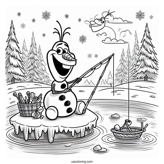 Olaf Fishing On Ice Lake To Color