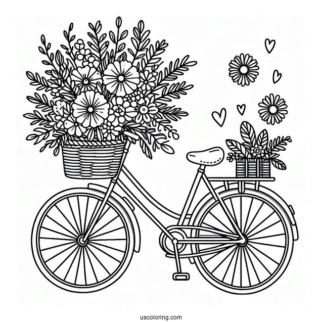 Cute Bicycle Coloring Page With Basket Full Of Flowers For Kids