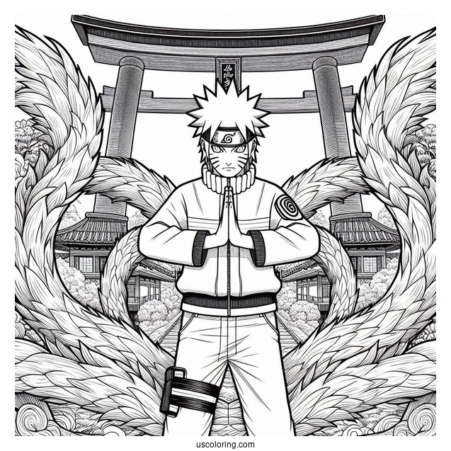 Naruto Coloring Page Of Detailed Kurama Nine Tails In Front Of Torii