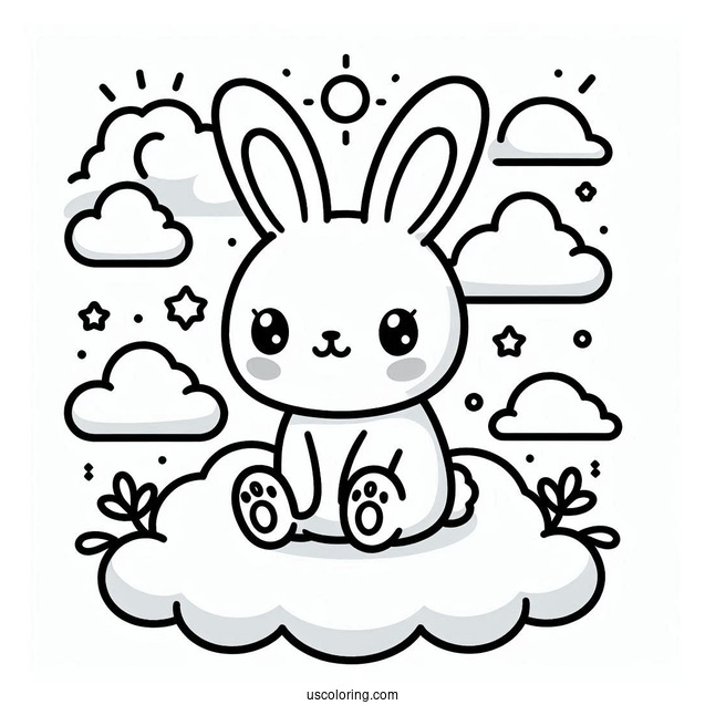 Kawaii Rabbit Coloring Page Sitting On The Clouds