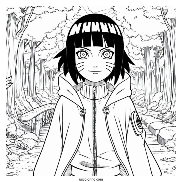 Naruto Coloring Page Of Hinata Hyuga Standing in Forest Path For Kids