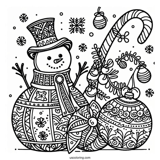 Snowman, Bauble, And Candy Cane Christmas Mandala