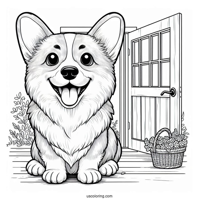 Smiling Corgi In Front Of Door To Color