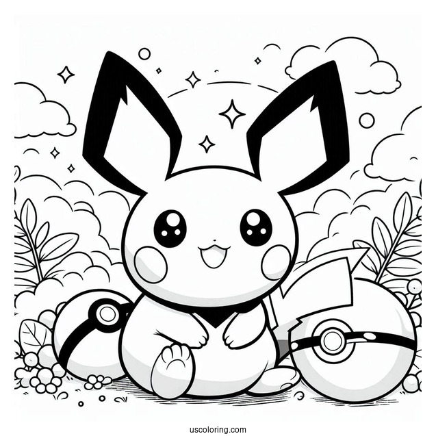 Kawaii Pichu Coloring Page With Pokeballs In The Background