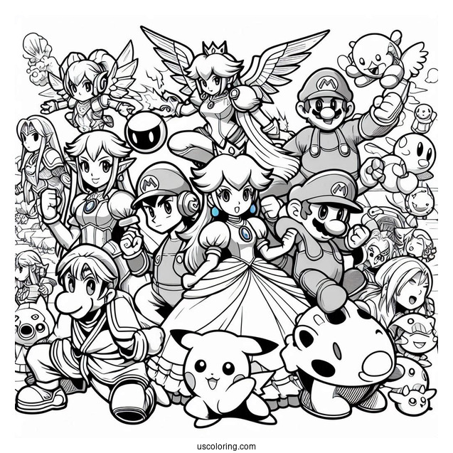 Super Smash Bros Coloring Page Of Princess Peach, Mega Man, Zelda, Samus, Mario, Kirby, Pikachu, And Ness