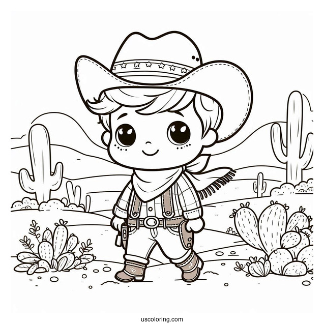 Adorable Little Cowboy Coloring Page In The Desert