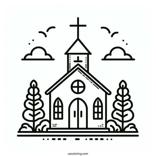 Easy Church Coloring Page Outline With A Cross For Preschoolers