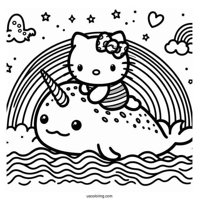 Hello Kitty Riding A Narwhal Coloring Page Over The Rainbow