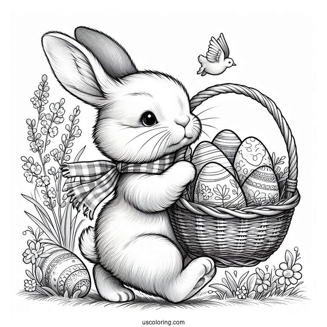 Realistic Bunny Carrying A Basket Of Easter Coloring Page Of Eggs