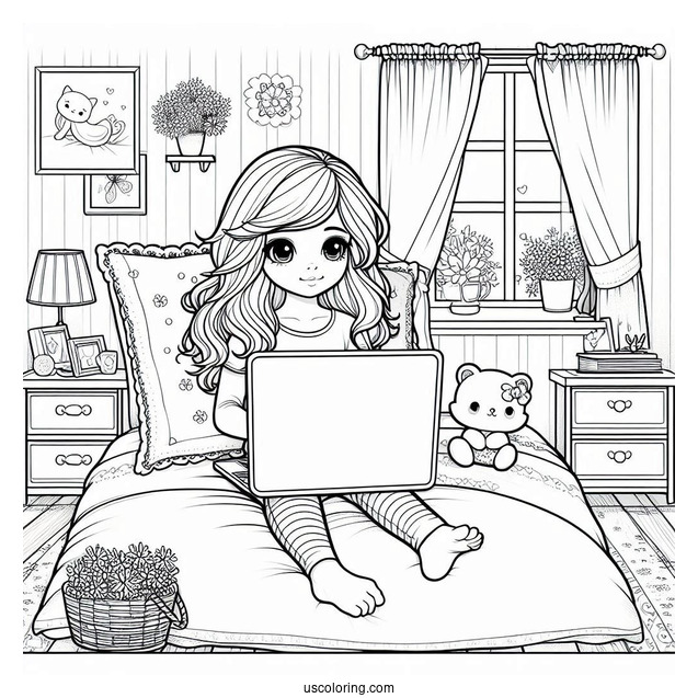 Little Girl Watching On Her Laptop While Lounging In Her Bedroom Coloring Page