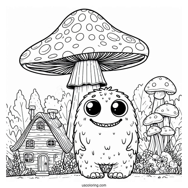 Grinning Monster Standing In Front Of Mushroom Coloring Page Of Houses