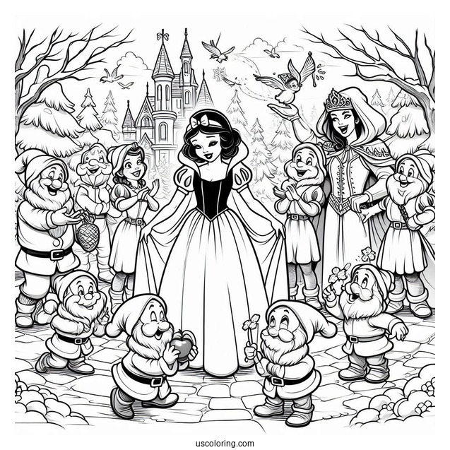Detailed Snow White Coloring Pages Surrounded By The Dwarves, Prince Charming, And The Evil Queen