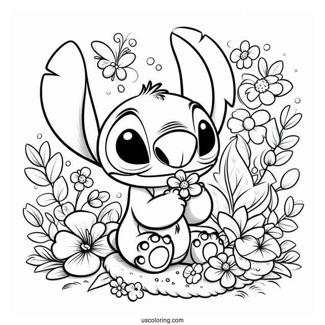 Stitch Smiling At Flowers In Spring Coloring Page