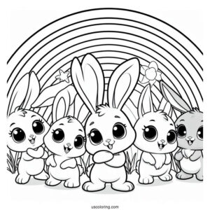 Sunny Bunnies Coloring Page Of Big Boo, Iris, Turbo, Shiny, And Hopper On A Rainbow